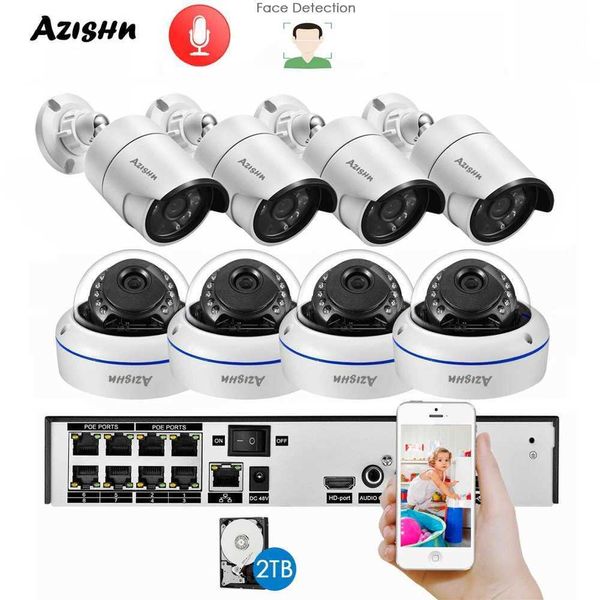 Câmeras IP Azishn H.265+ 8CH 5MP Poe NVR Kit de áudio CCTV Sistema 5MP Dome IP Câmera Detecção de face P2P Interior/externa VIEVILÍCIO DE VIEVERAÇÃO 240413