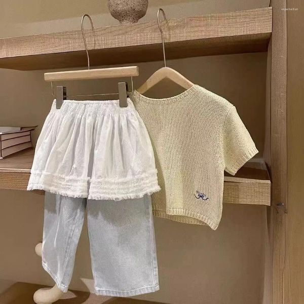 Set di abbigliamento per bambini coreani 2024 primavera/estate Pola Girls Tre pezzi a maglia a maglietta a manica corta jeans gamba larga