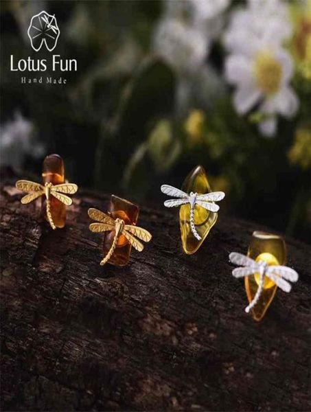 Lotus Fun Real 925 Sterling Silver Natural Amber Jóias finas 18k Gold fofo Dragonfly Brincos para mulheres Brincos 21053977783