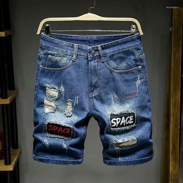 Herren Jeans Y2K Hole Blue Shorts Modemarke Slim Fit Bettler 5 Punkt Denim Baggy Männliche Druckladhosen