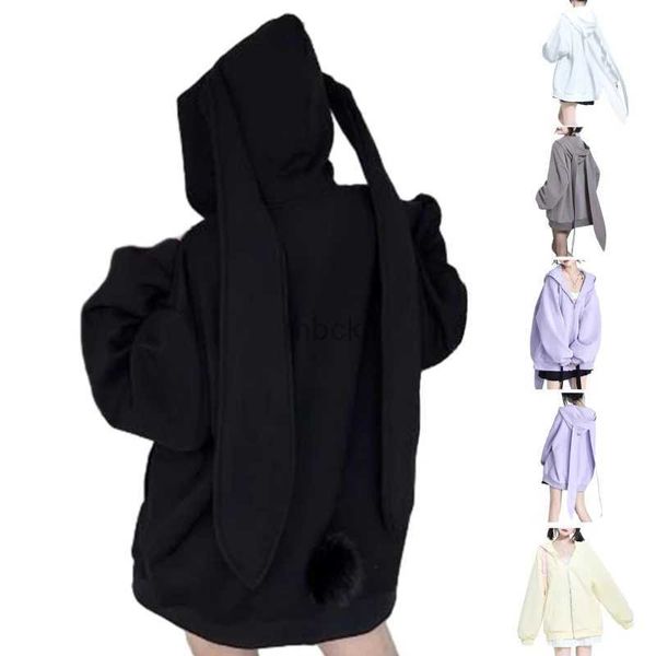 Herren Hoodies Frauen süße lange Kaninchenohren Hoodie Jacken Y2K Girls Harajuku Solid Color Reißverschluss Up Sweatshirt Herumn Casual Lose Cardigan Mantel 240412