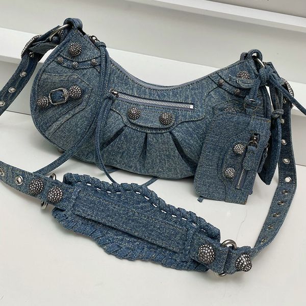 Borsa motociclista da cowboy Diamond Designer Crossbody Borse Crossbody Tre in una Trend per spalla singola Domenna Decorazione per rivetti femminile zero portafoglio e borsa da cowboy a specchio blu