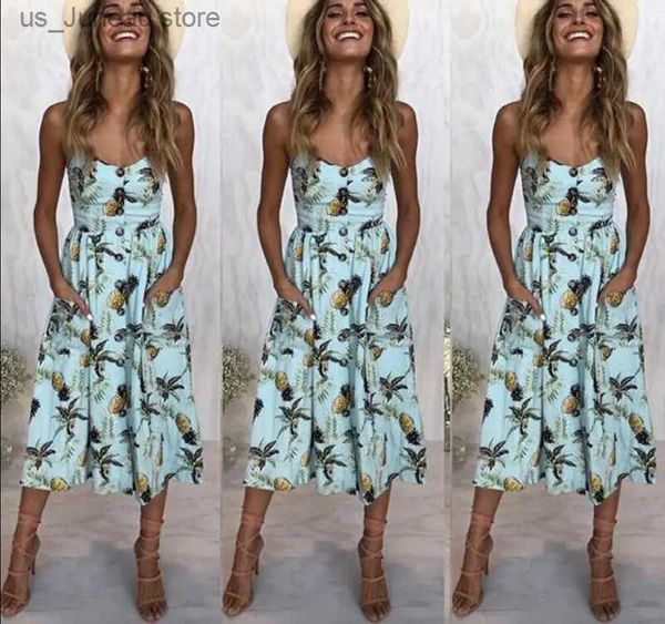 Vestidos casuais básicos Ladiesfashion e lazer Retro Sun Dress Summer 2024 Boho Vestido Sexy Midi Button Backless Polka Dot Vestido Floral de praia listrado 1 T240415