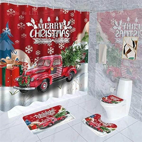 Cortinas de chuveiro Red Vintage Truck Curtain Conjunto inclui tapete de banheira de banheiro tapete de banho de banheira de natal à prova d'água