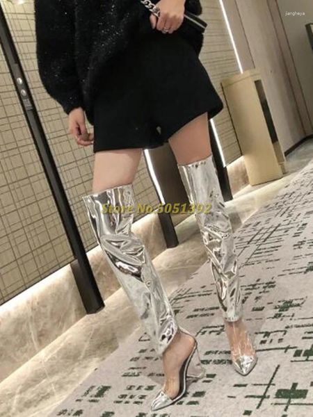 Bot Patchwork Pvc Moda Uyluk Yüksek Kadın Şeffaf Tıknaz Başak Topuklu Diz Üzerinde Uzun Açık