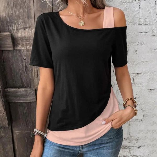 Camicette da donna chic color bloccanti donne a maniche corte solide spalla t-shirt asimmetric top casual estate