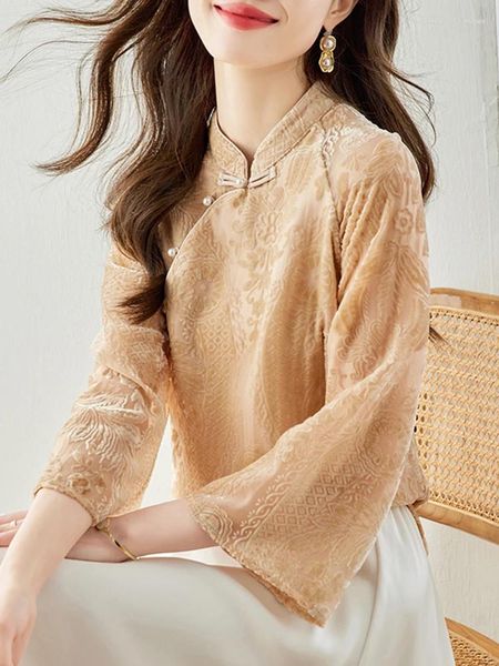 Frauenblusen Qoerlin Retro chinesische Stil Luxus Frauen Lose lässige Qipap Tops Schnalle Khaki Bluse Chic Elegant Long Flare Sleeve Shirts