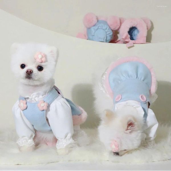 Vestuário para cães roupas de estimação de lã de lã Suspensa saia de filhote de cachorro outono e inverno quente de pelúcia chapéu de urso fofo