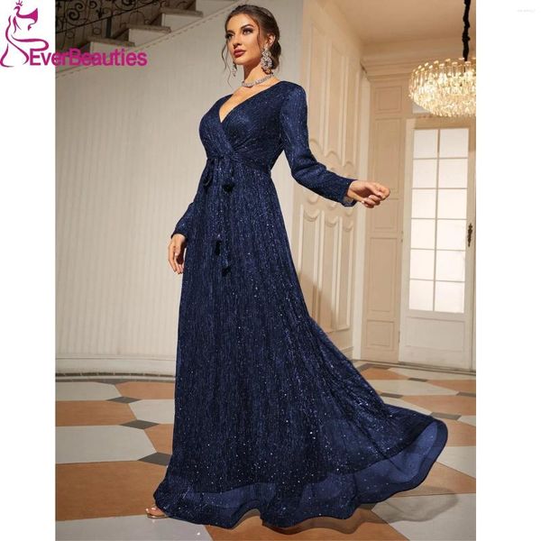 Abiti per feste una linea a maniche lunghe di fine ballo Vietidos de Gala Sexy V Neck Dress 2024 Tulle scintillante Para Eventos especiales