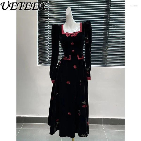 Повседневные платья французское ретро-элегантное лацканое с длинным рукавом черное бархатное платье для женщин Осень Зимняя Вышитая розовая