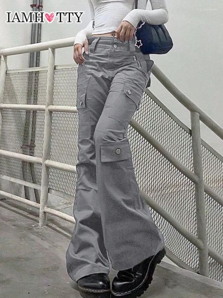 Jeans femininos IAMTY Multi Pockets Grey Cargo Pants Mulheres Casual Baggy Denim Troushers Grunge Moda Mã