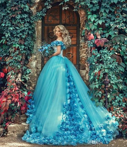 Винтажные голубые платья Quinceanera Ball Gown Fairy Made Flowers Off Ploudse Tule Sweet 16 Платьев vestidos de 15 anos birthda8636972