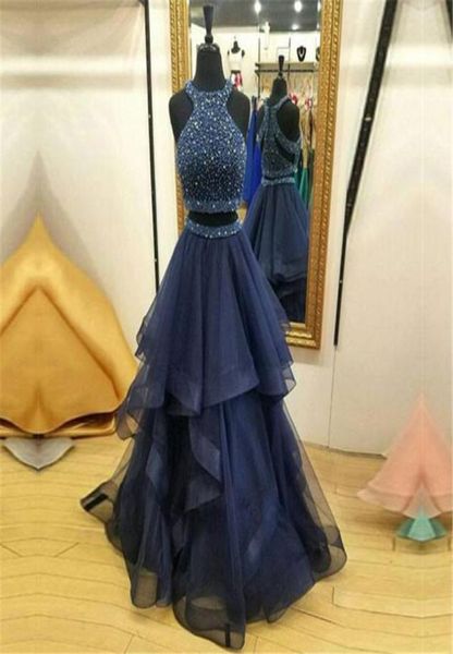 Twopiece Mütevazı Mücevher Fermuarı Kolsuz Ruffles Organza Kristalleri Prom Elbise Koyu Mavi Balo Kıyafetleri Akşam Elbisesi Vestidos Longos PA8741868