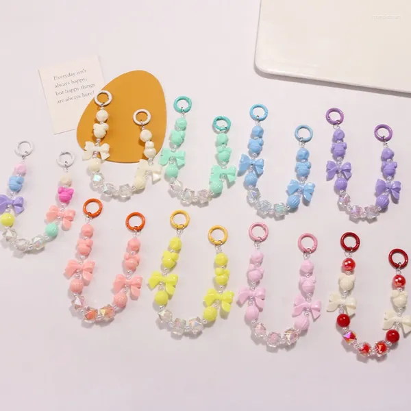 Chavedias estilo coreano Bonga de pulseira de braceletes de contas fofas Pingente de acrílico Bowknot Keychain para jóias penduradas anti-perdidas