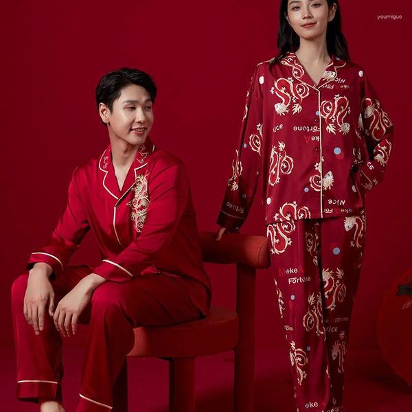 Frauen Nachtwäschepaar rotes Hochzeit Pyjama Sets Loungewear Nachtwege Langarm Hemdhose Seiden Satin Pyjamas Liebhaber Pijamas