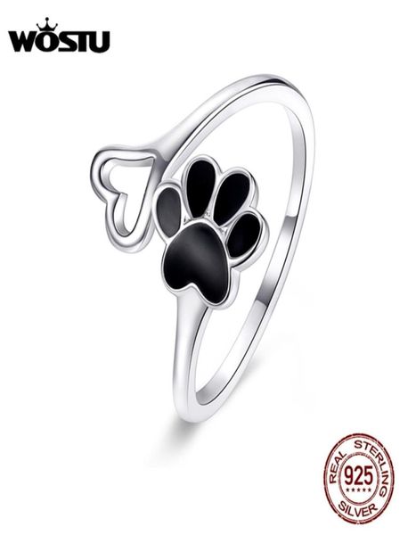 Wostu 925 Sterling Silver Paw Dog Fotprint Heart Heart Angele Enmel Anamel Anello regolabile per donne Fashion 925 Gioielli CQR584 26069008