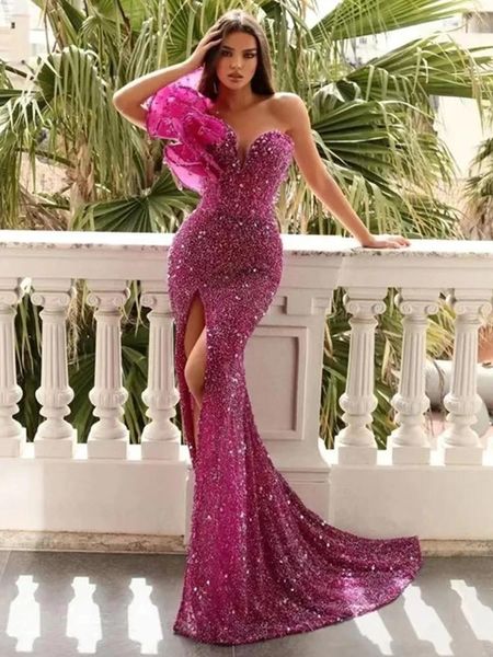 Lässige Kleider Mode Frauen Gillter Pailletten Rüschen aufgeteilt zurücklesses langes Kleid für formelle Anlässe Designer Abendparty Promi Prom Abschlussball