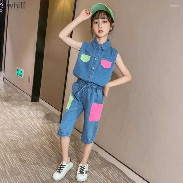 Kleidungsstücke Kleidung Sets Girls Denim Set Boutique Outfits 4-12y Sommer Luxus Fashion Casual Short Sleeve Shorts Zweiteiler Anzug für Kinder Teenager C240413