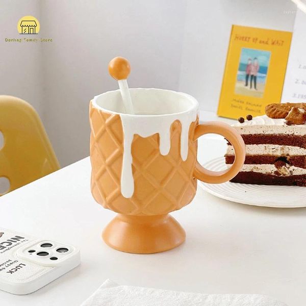 Tazze graziose tazze da caffè gelato in ceramica con cucchiaio mescolato in stile juice latte bevanda colazione per coppia ragazza amica tazza