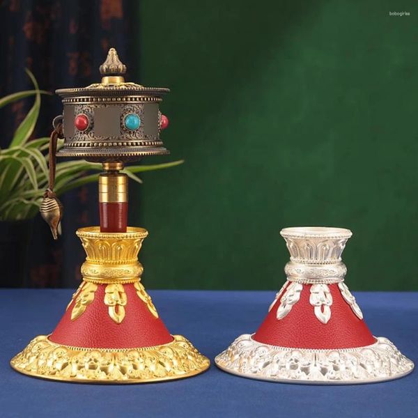 Figuras decorativas Roda de oração de mão dourada/prata Base de oração grande liga tântrica Lotus ornamentos religiosos