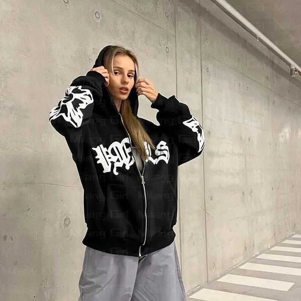 Herren Hoodies 2024 American Retro Womens Reißverschluss Hoodie Y2K Printed Snowflake Letters Sport Pullover Langarm übergroße Paar Pullover Top 240412