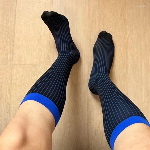 Herrensocken 2 Paare Herren Mann sexy blaue Streifen transparent schwule Strümpfe Geschenk für Männer 18 Business Kleider tragen Nylonkalb Long