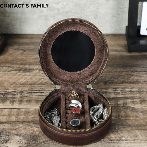 Bolsas de jóias estilos caixa redonda de colares de couro genuíno anéis saco portátil de caixa de armazenamento multifuncional com espelho