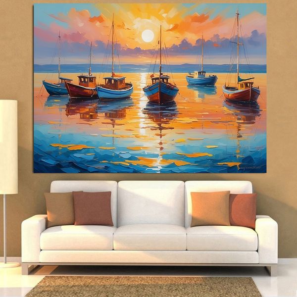 Pintura a óleo de barcos e mar no pôr do sol de tela sobre o impressionismo moderno do oceano, impressão de arte da parede de parede decoração de decoração sem moldura sem moldura