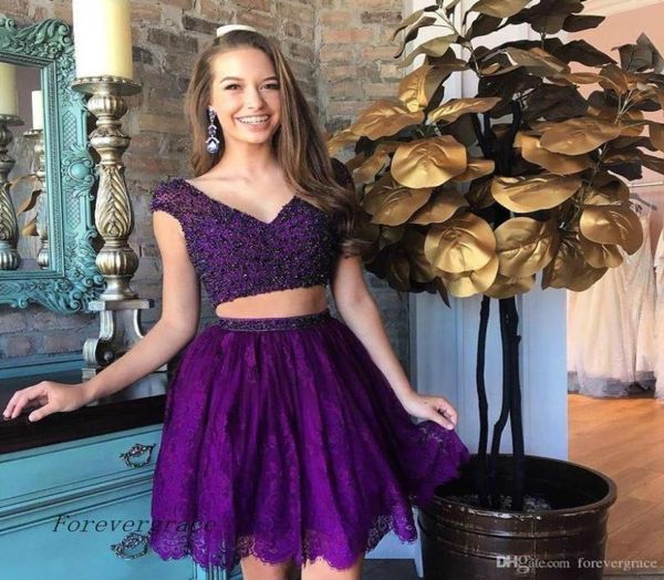 2019 Moda Lace Purple Short Homecoming Dress A Line Beadings Top Juniors Sweet 15 Graduação Cocktail Party Dress Plus Size Cus3968217