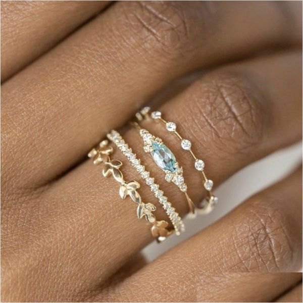 Clusterringe Prinzessin Exquisites Braut Accessoires Schmuck Lady 18k reines Gold Natural Aquamarine Engagement 4pcs Ring Set Geschenk Drop de dhxap