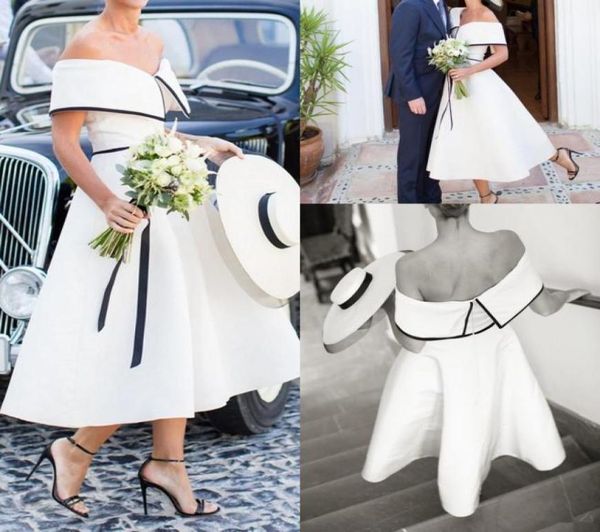 Черно -белое свадебное платье винтажное ретро -чай с плечами простые атласные короткие свадебные платья Aline 3302294