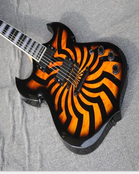 Custom Wylde Audio Barbarian Hellfire Orange Black Black Buzzsaw Mapero trapuntato Sg Electric Guitar Mop White Block Inlay Black3134718
