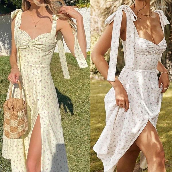 Vestidos casuais Vestido floral de primavera do verão Roupas de moda sexy 2024 Long deslizamento plissado com uma fenda Branca amarela amarela