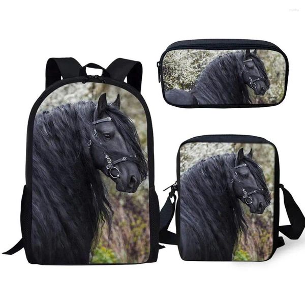 Рюкзак модный красивый черная лошадь 3D -печать 3pcs/Set Supil School Bags Mags Daypack с наклонным наклоном на плечо карандаш