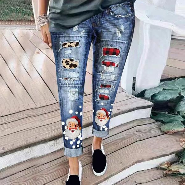 Jeans femminile femminile stampato albero di Natale cerotto patchwork pantaloni strappati a metà roba patch lavato in difficoltà