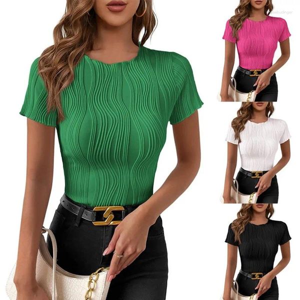 Camisetas femininas 2024 Summer Fashio Slim Top Top Top Women Clothing Feminino Cor Solid Sleeves Water Waves Fit T-Shirt Streetwear