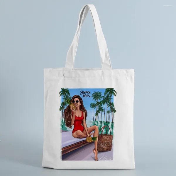 Sacchetti per la spesa bella ragazza stampa tela borsa da bagno donna borse spiaggia riutilizzabili da viaggio in stoffa da donna shopper casual