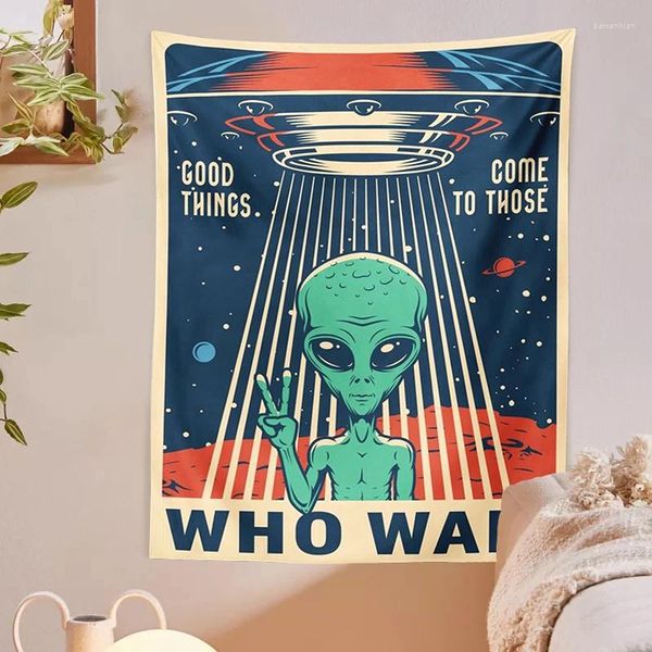 Taquestres Alien Tapeçaria Espaço Space Parede pendurada Macrame Hippie Art Poster para sala de estar Decor de dormitório impressão