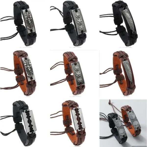 Lederarmbandschädel Kopf kleiner Klingen Pentagramm Scorpion Wellenmuster Charm Herren Armband Legierung Armband Fein Schmuck Leder für Unisex