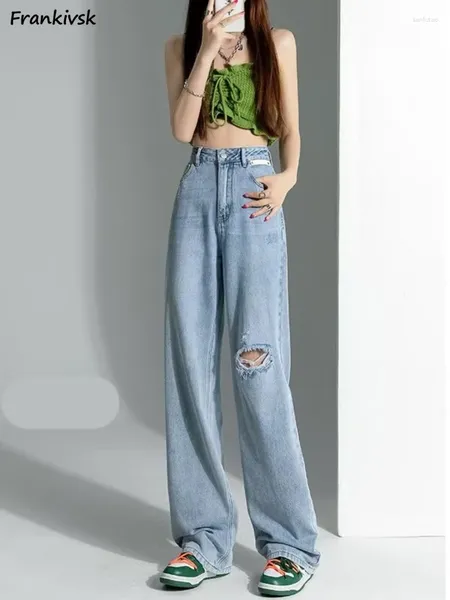 Jeans femininos Hole Mulheres sólidas elegantes elegantes comprimentos completos de lazer Trendy Pocket All-Match STREETHEATY DIÁRIO DIÁRIO ESTILO DE CAIS ALTA CILURA