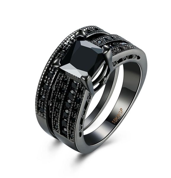 Moda 18k Black Black Plated Black Square Diamond Princess Cut noivado de casamento Bandas de noiva Ring Sets for Women Ladies6616256