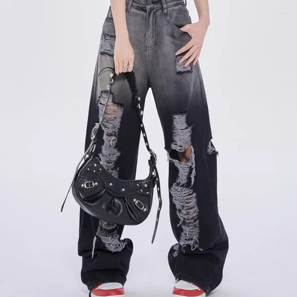 Frauen Jeans Bugilaku Streetwear Fashion Denim Frauen hohe Taille gerissene Loch Lose Hosen weibliche Verlaufsfarbe Casual All-Match Capris