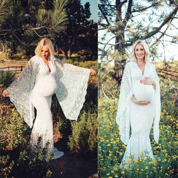 Abiti di maternità da donna abito incinta in pizzo v-collo avvolto con maniche flash maxi fotografia per baby shower fotografi Q240413