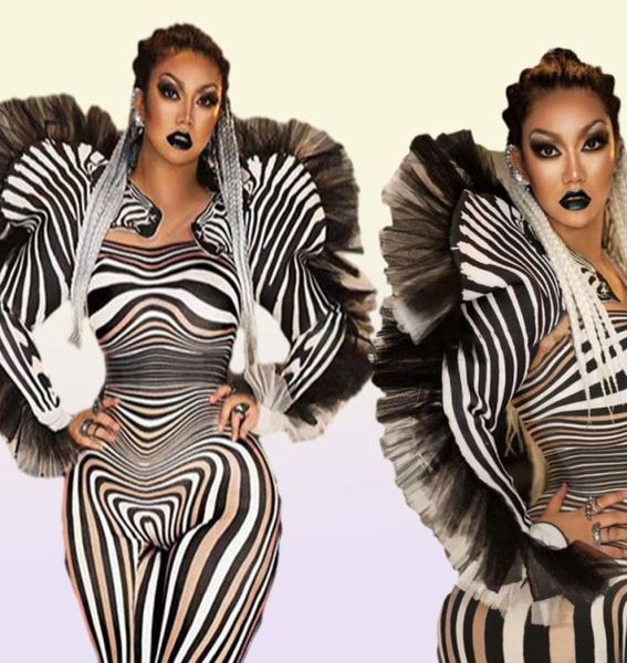 Moda Zebra Pattern Jumpsuit Women Singer Sexy Stage Outfit Bar DS Dança Cosplay Bodysuit Show Costume 2203223532876