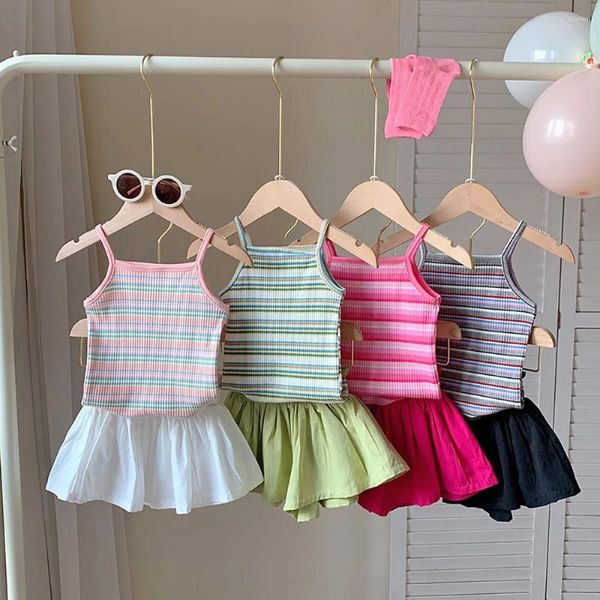 Roupas Define tanques listradas de menina shorts 2pcs verão coreano roupas infantis roupas infantis infantis com traje de colete sem mangas