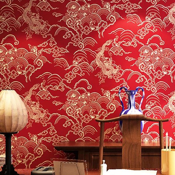 Duvar Kağıtları Çin Kırmızı Duvar Kağıdı Ejderha Desen Stili Klasik Zen Çay Evi Restoran Dekorasyon Duvar Kağıdı