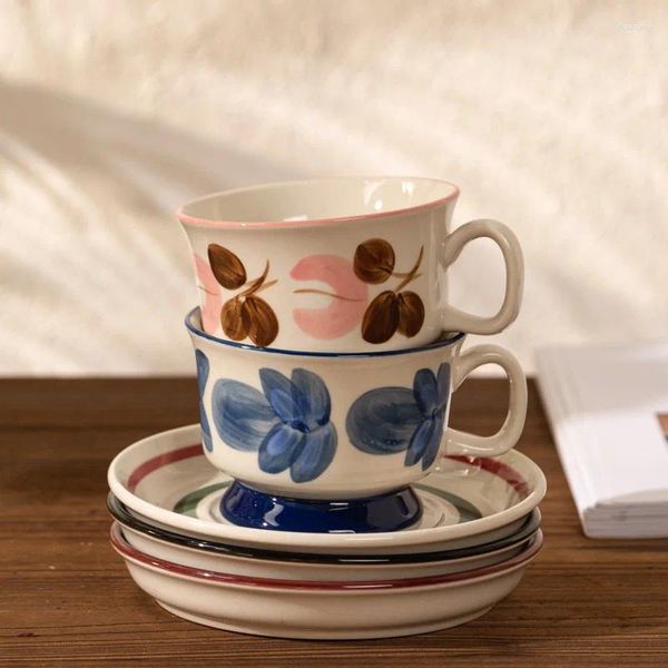 Tazze tazze di caffè dipinto a mano retrò in ceramica di campagna americana e piattino set di bevande da cucina a casa coreano