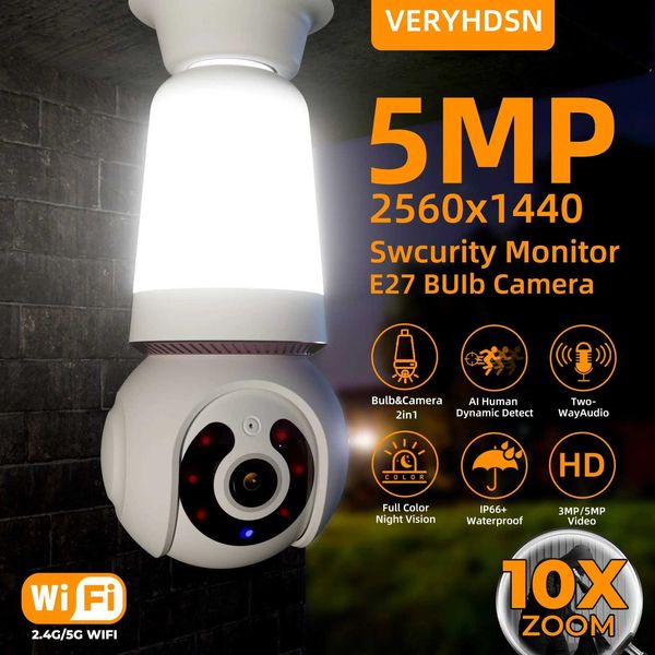 IP-Kameras 5MP 5G E27 Lampen-Indoor-Kamera-Glühkamera 2 in 1 Wi-Fi Zwei-Wege-Gesprächssicherheitsüberwachung CCTV Outdoor-Überwachungskamera 240413