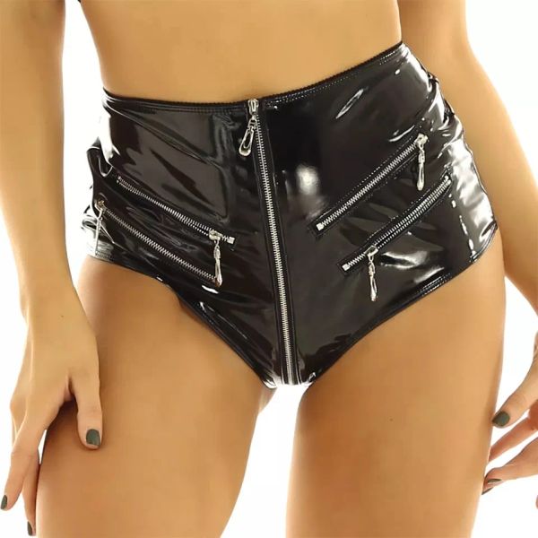 Pantaloncini di pantaloncini corti in vita alto pvc Pvc Sex Appeal Pantie Shiny PU Boxer in pelle Zip Crotch Hot Shorts Bermude in pelle di brevetto