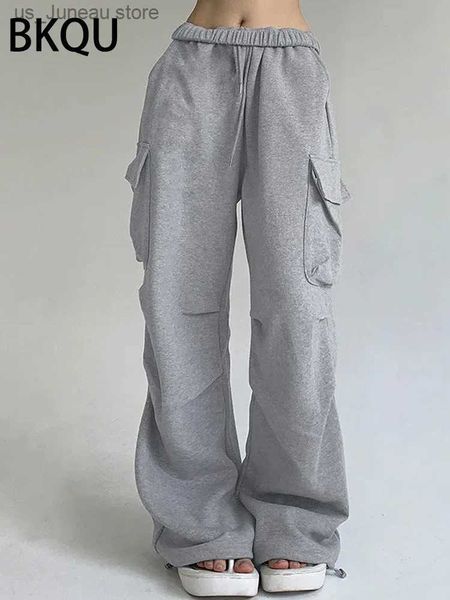 Calças femininas Capris Bkqu Grey Knit Bolsets Calças de carga Mulheres 2023 Autumn Caist Alta perna larga Pontas de moletom casual Casual Casual Corrers calças 1 T240415